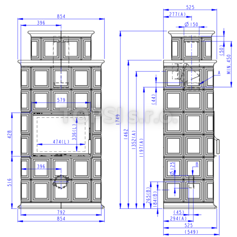 Designový krb BARACCA 11 H - kachle rustik - Barva keramiky: Staromodrá - 21204
